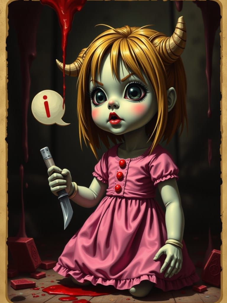 Haunted Doll with Knife in Pink Dress, Analog Horror Style