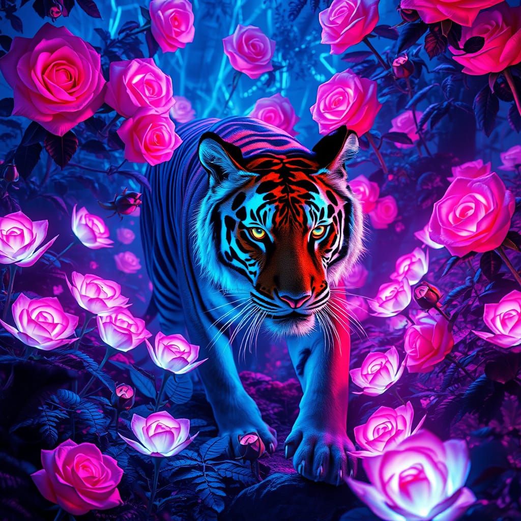 Majestic Neon Tiger in Bioluminescent Forest