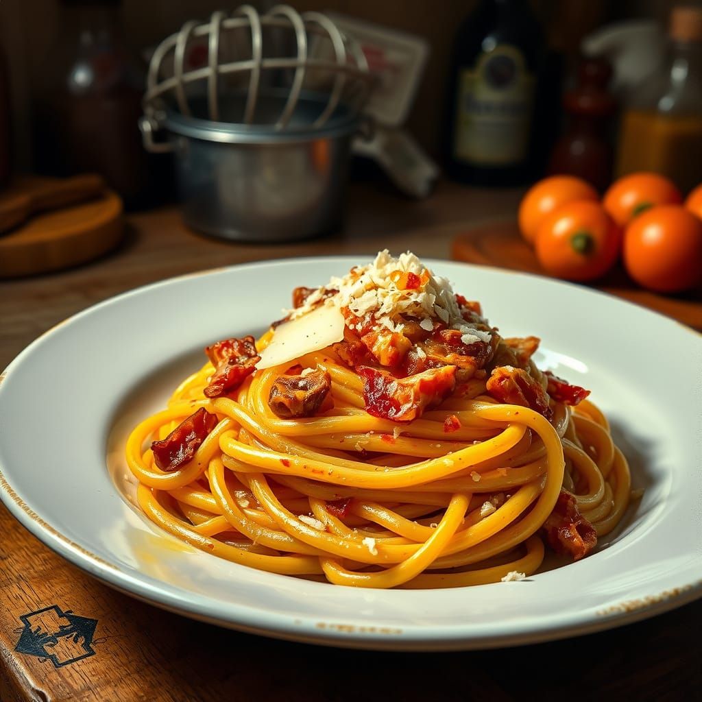 Vibrant Italian Still Life of Spaghetti Carbonara