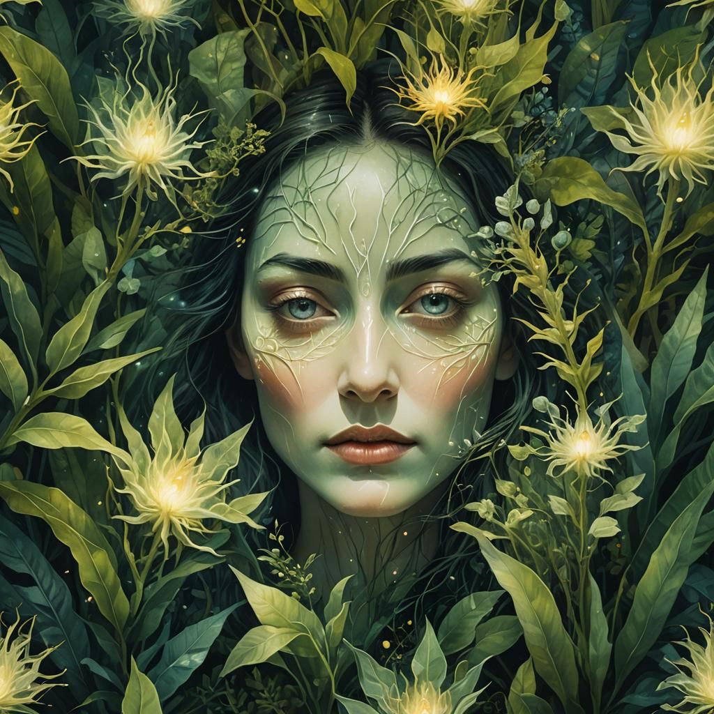 Surreal Face Surrounded by Glowing Plants
