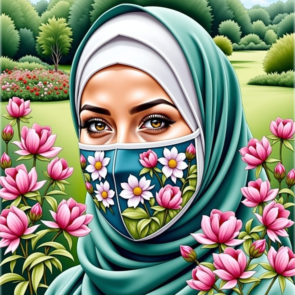 Beautiful Hijabi Woman in Garden, Watercolour Style