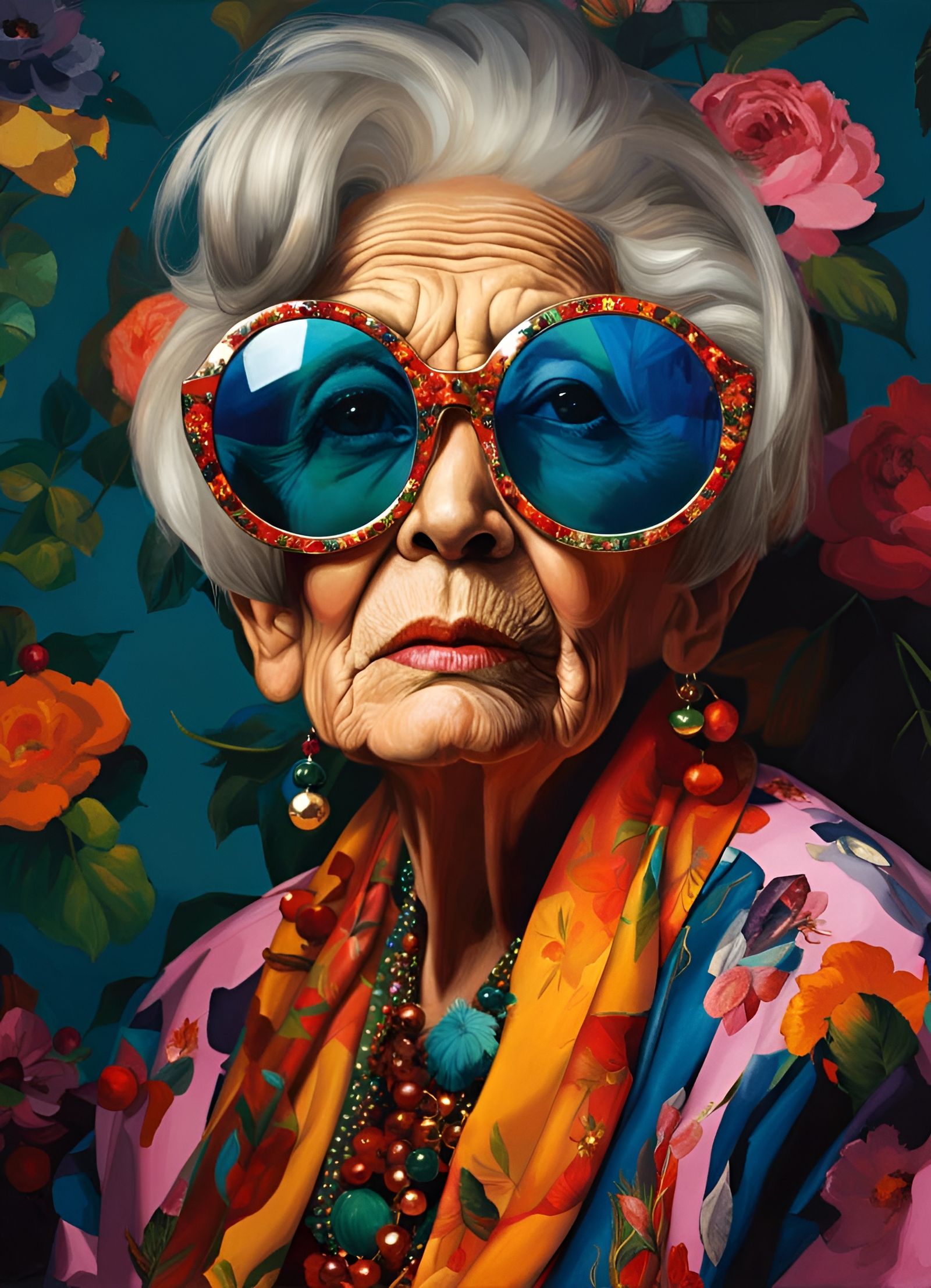 Festive Old Woman Portrait in Maximalist Disco-Funk Style
