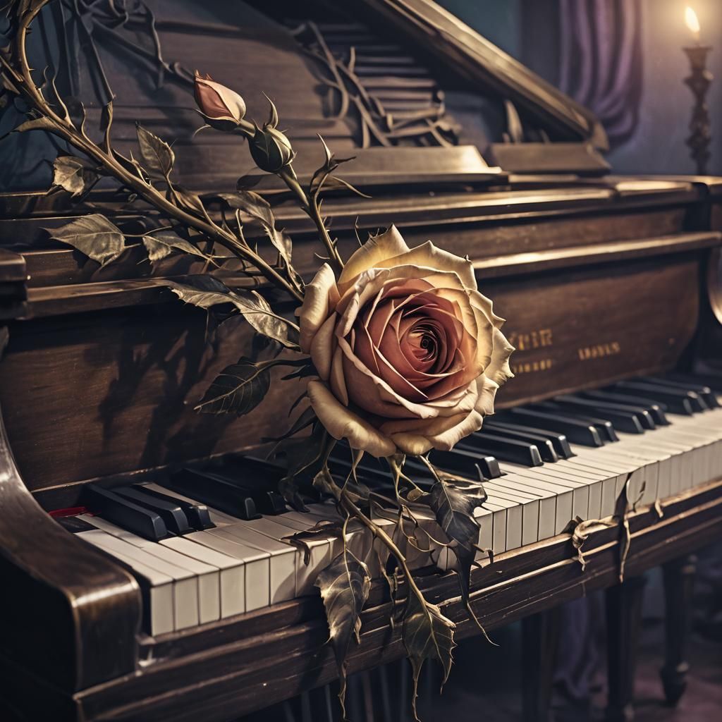 Dark Fantasy Rose on Piano in Dimly Lit Room