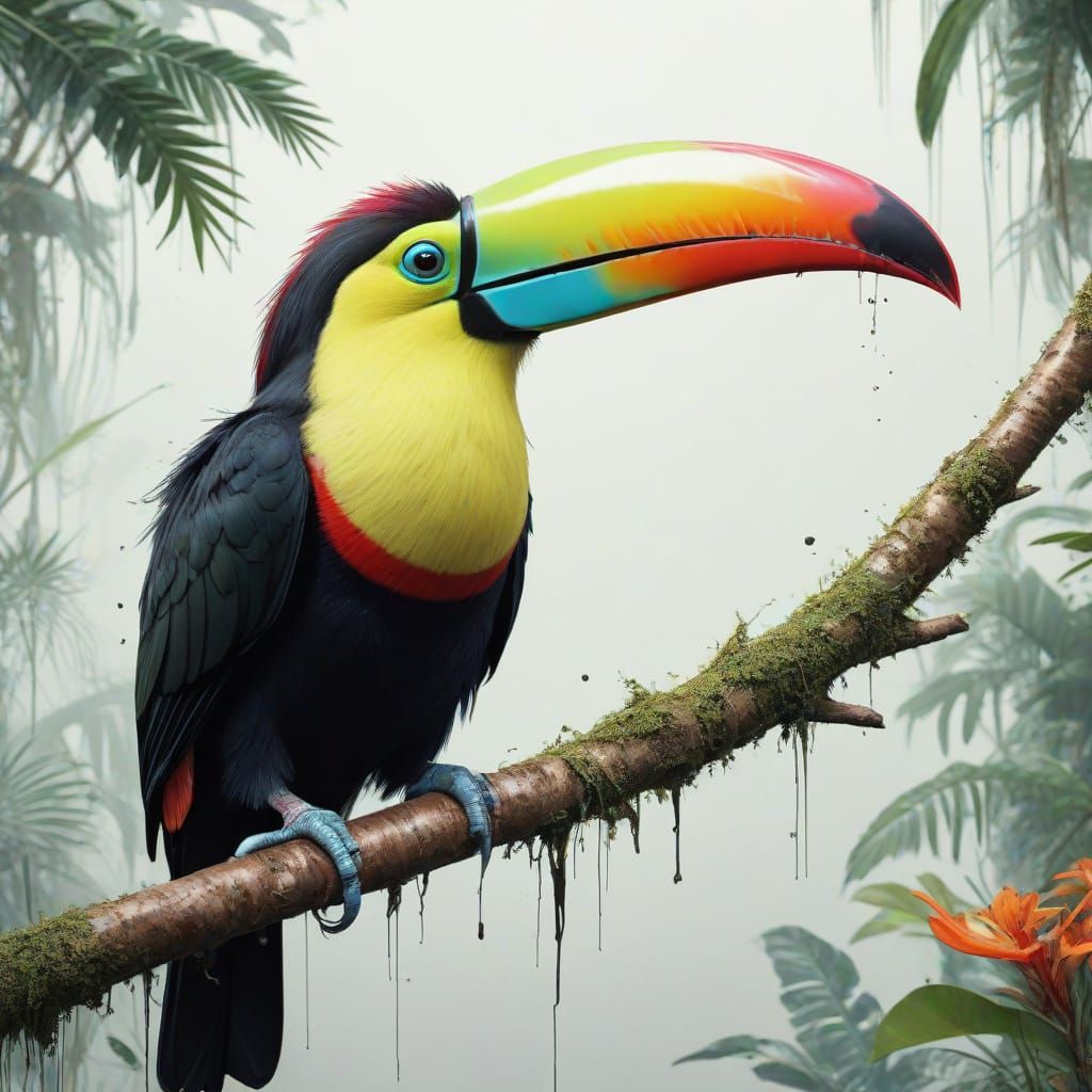 Surreal Toucan Amidst Whimsical Cecropia Trees in Digital Ar...