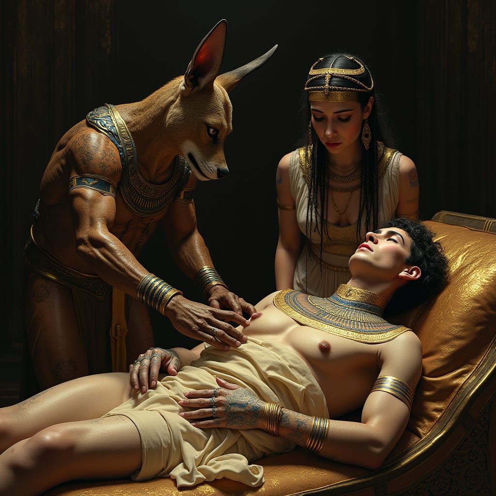 Ancient Egyptian Gods in Mournful Ritual, with Intricate Gol...