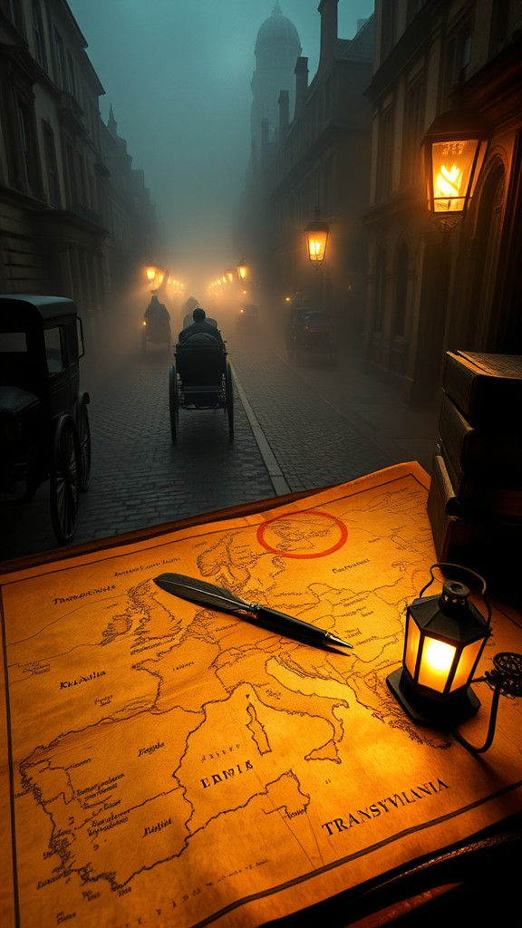Misty Victorian London Street and a Map of Eastern Europe