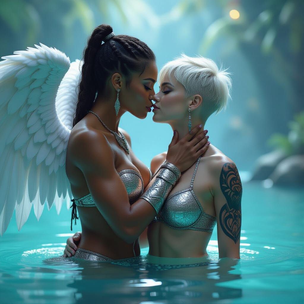 Angelic Embrace in Celestial Pool: Fantasy Art