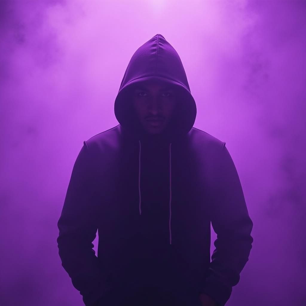 Mysterious Man in Hooded Shadow Under Purple Haze