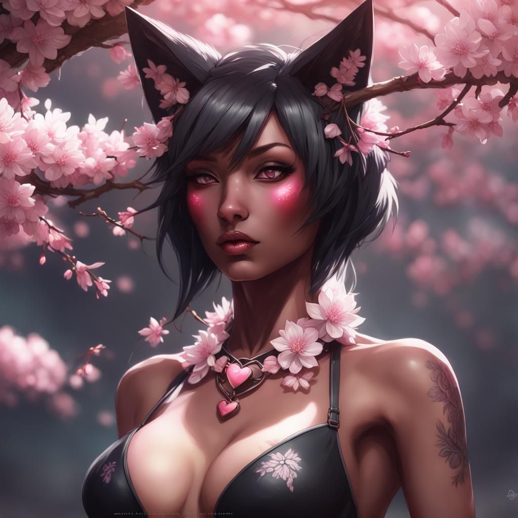 Black Kitsune in Cherry Blossom Bikini