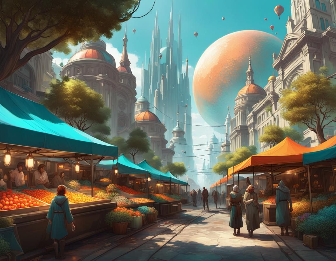 a city on an exoplanet with trees flowers a market and peoples enjoying their day