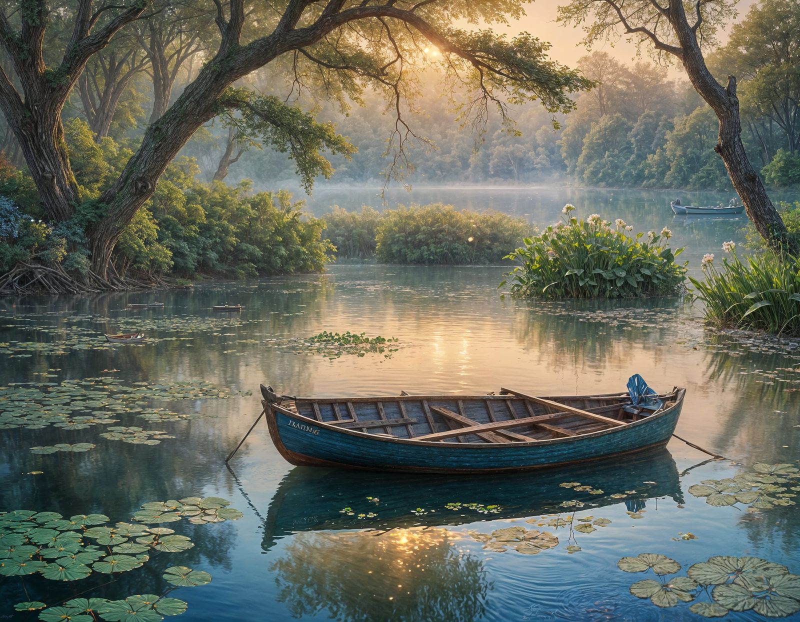 Blue Rowboat on Misty Lake at Sunrise