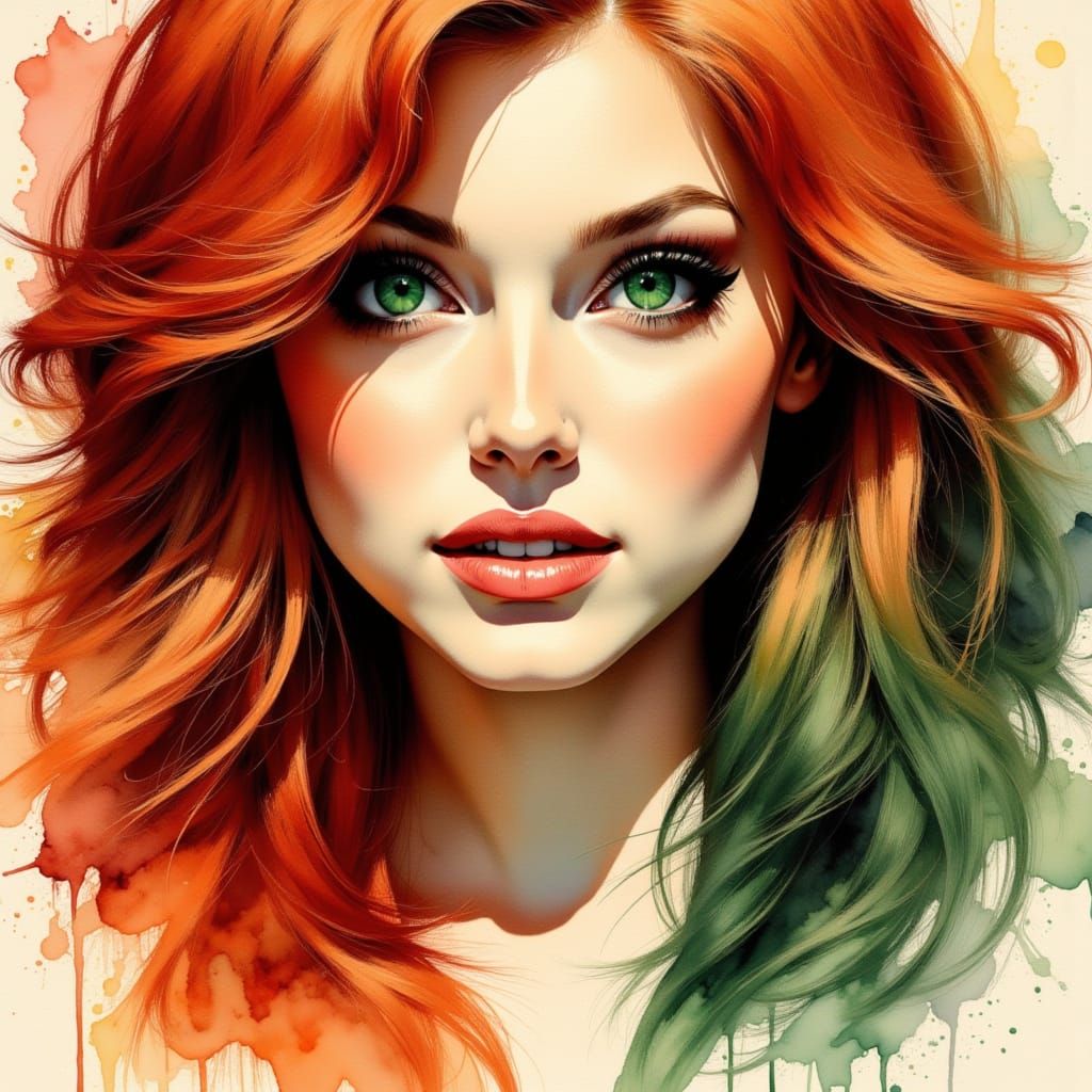Red-Haired Woman with Emerald Eyes, Watercolor Painting