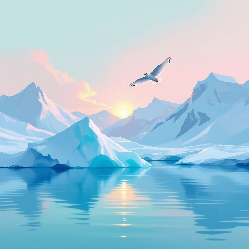 Bird Flying Over Iceberg in Minimalist Style