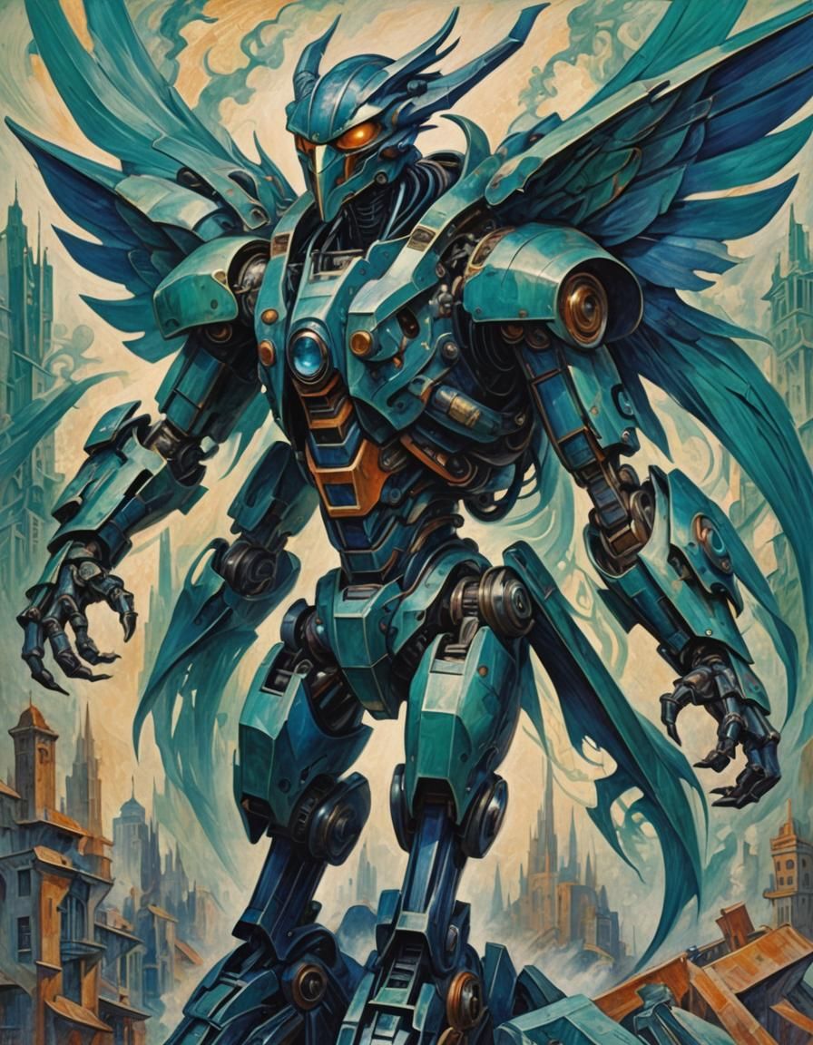 Futuristic Vulture Mech in Indigo and Turquoise