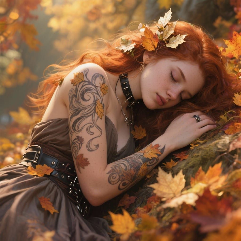 Autumn Enchantress With Leaf Tattoos in Golden Hour Light