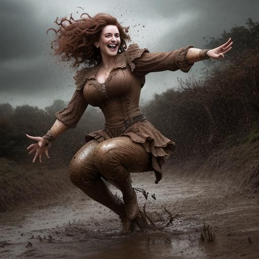 Joyful Woman Jumps Through Mud: Hyperrealistic Image