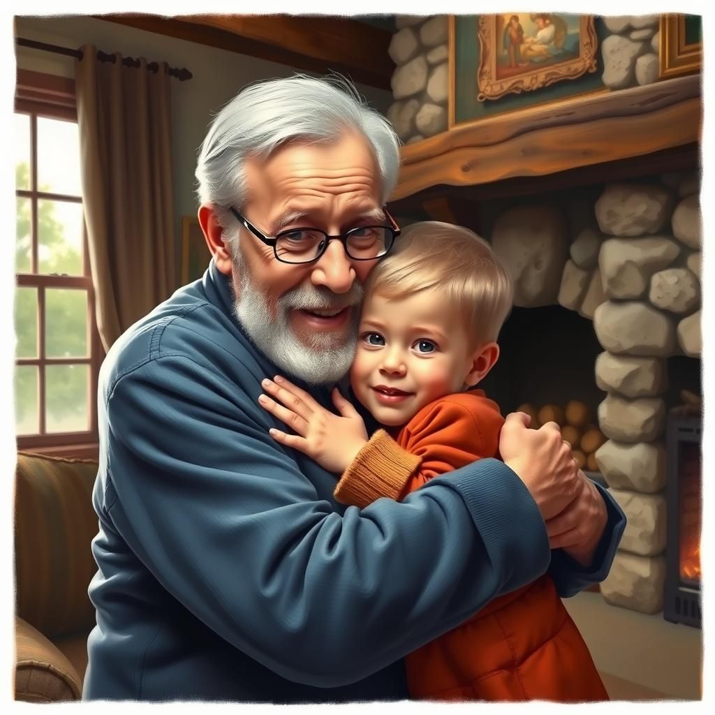Heartwarming Painting of Child and Grandfather by Fireplace