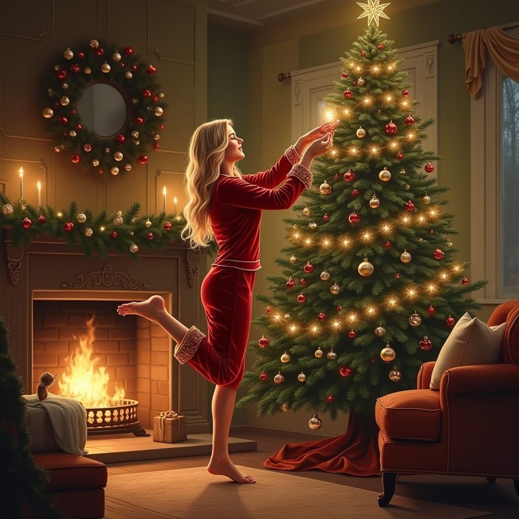 Woman Adorns Festive Christmas Tree with Delicate Ornament