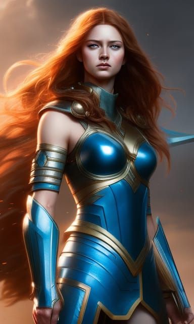 Warrior girl with wavy red hair 50