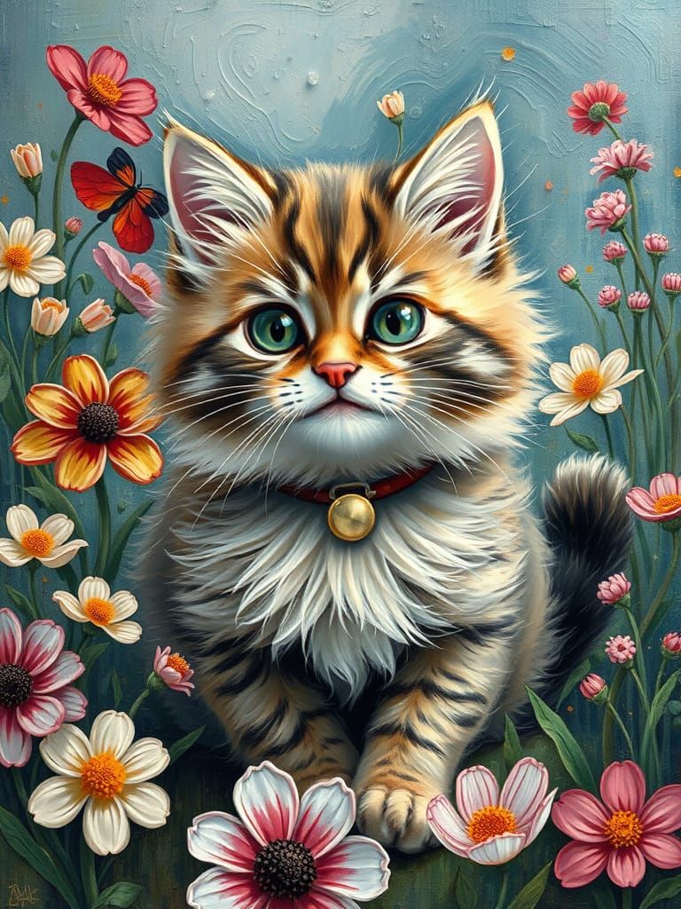 Cute Cat Plays in Whimsical Neo-Impressionist Garden