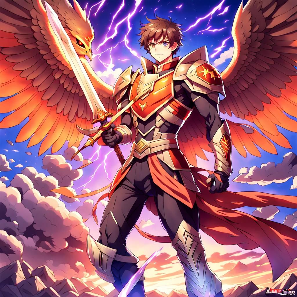 Falcon Armored Warrior Under Red Lightning, Anime Style