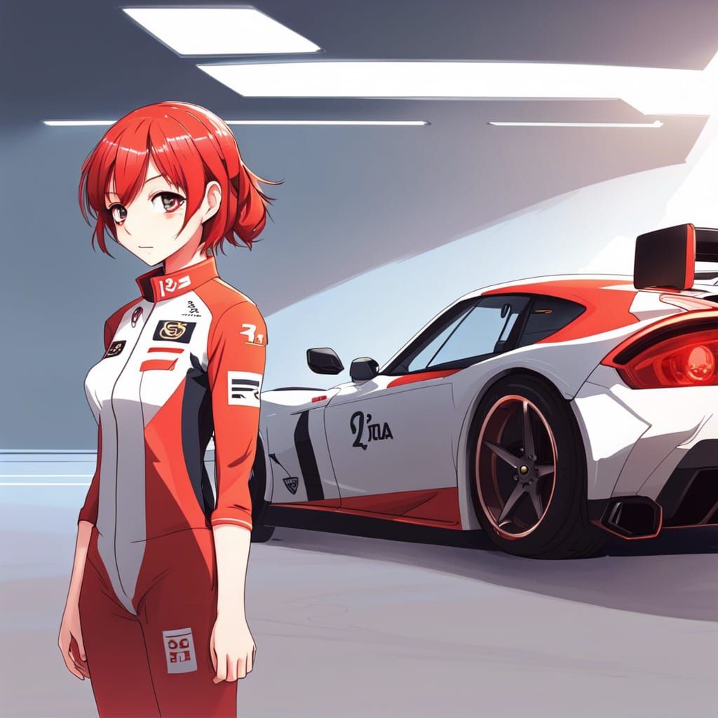 Anime Girl with Red Hair and Supercar