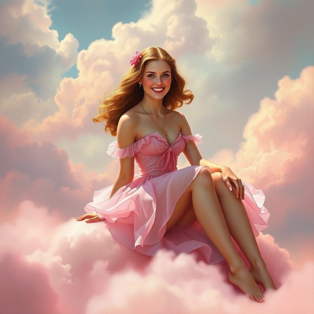 Ethereal Princess on Pink Clouds in Vibrant Summer Attire