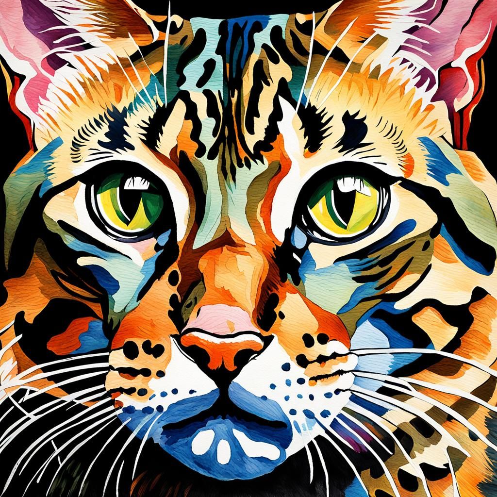 Intense Bengal Cat Eye Gouache Impressionist Painting