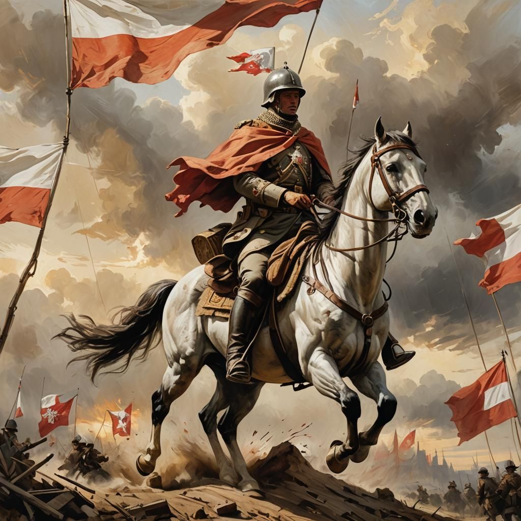 Polish Soldier on Horseback with Flag in Oil Paint Style