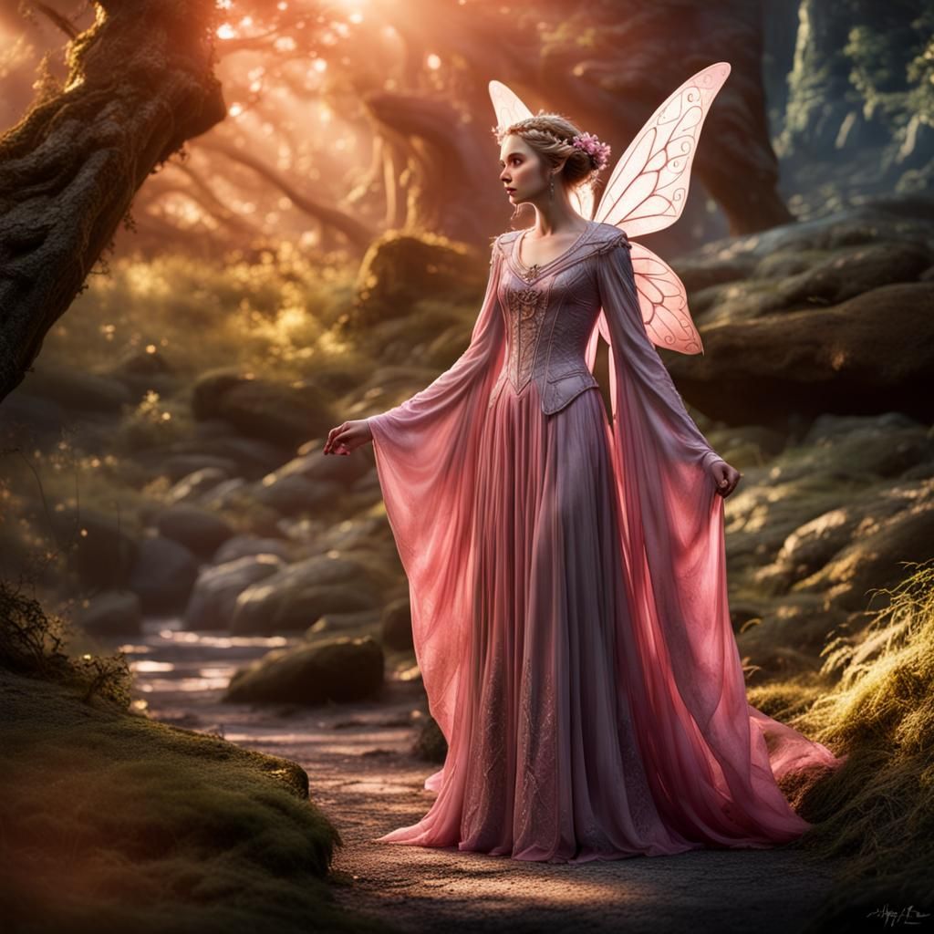 Pink Fairy in Elf Dress with Shining Sword