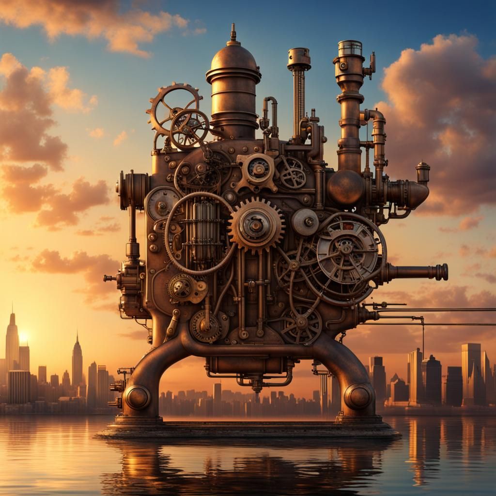 Steampunk Cityscape Sunset with Surreal Engine
