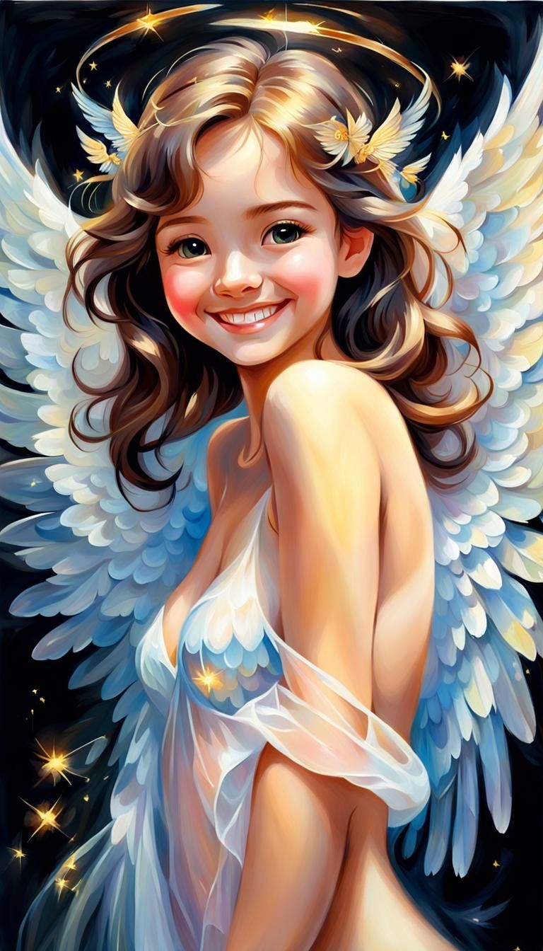 A very beautiful angel, smiling face, very cute and adorable, with the translucent shining and intricate wings, unclad 1...
