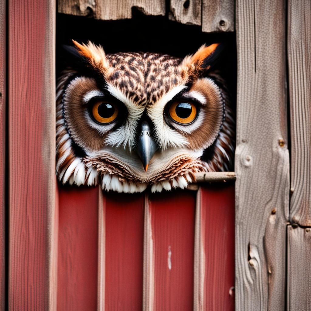 Owl Portrait Peeking From Behind Barn Wall