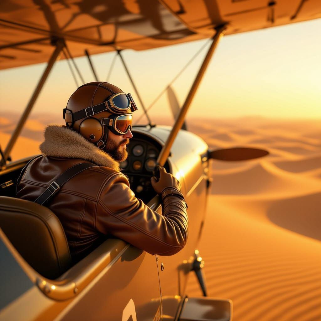 Vintage Biplane Soaring Over Sahara in Retro-Futuristic Styl...