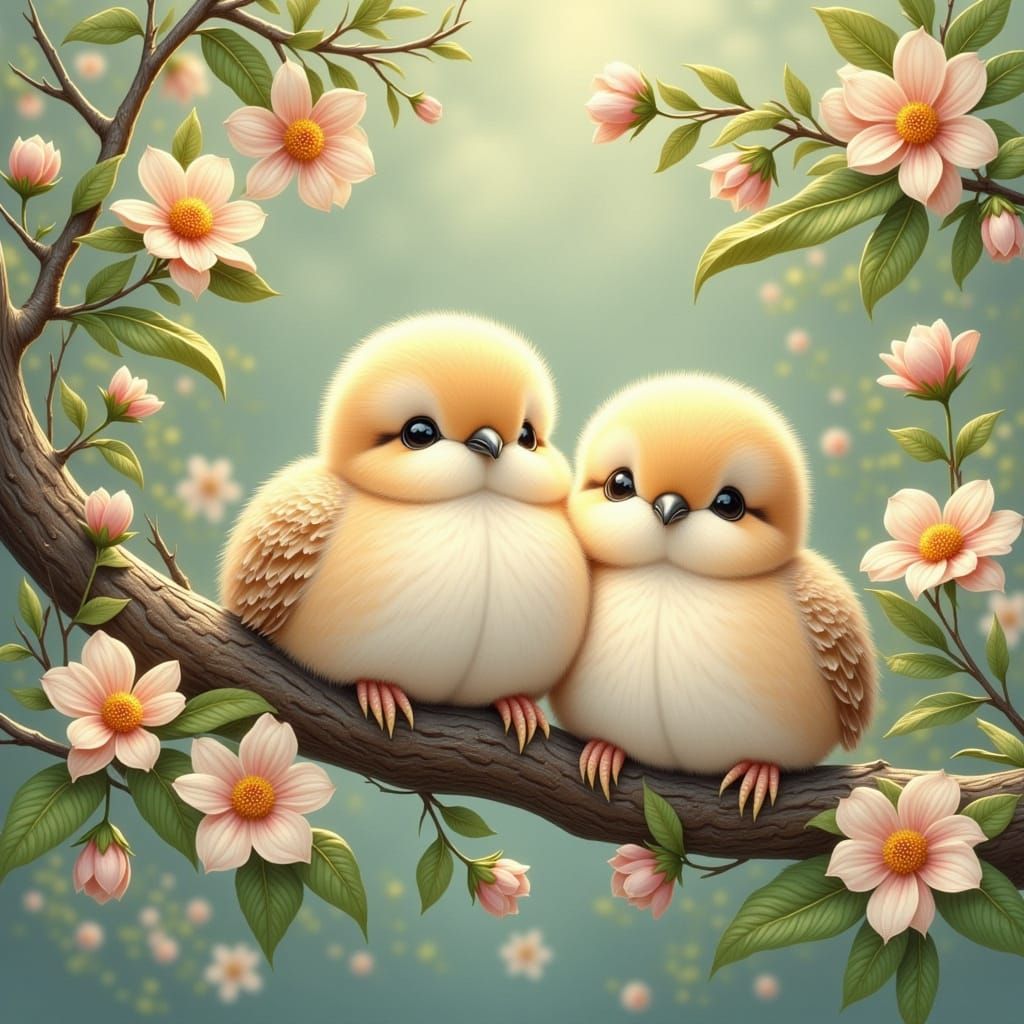 Cute Doves Perched in a Vibrant Floral Tree