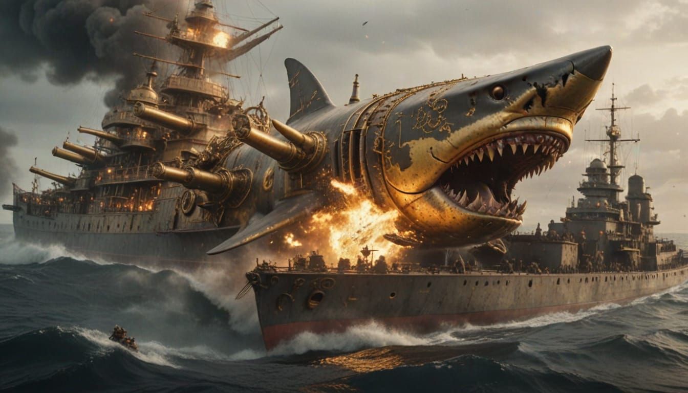 Steampunk Shark Battleship Rams Enemy in Fiery Seas