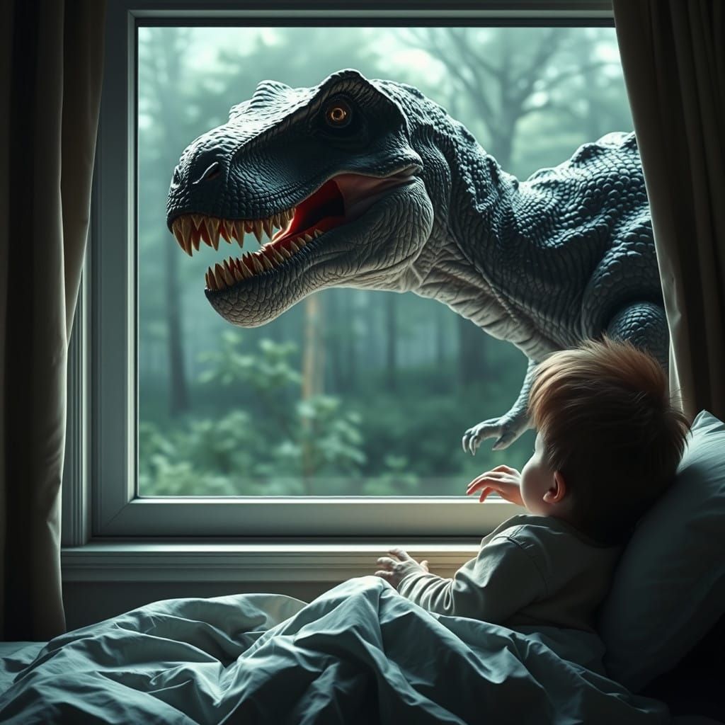 A Terrified Child Faces a Dinosaur at His Window in a Heart-...