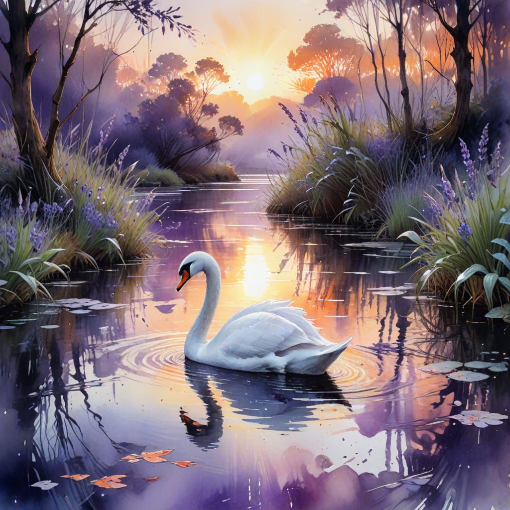 Surreal Watercolour Sunrise Riverbank Scene