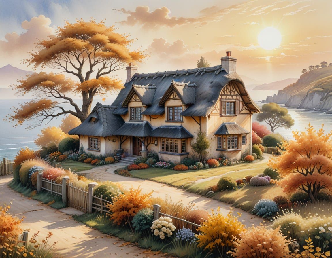 Vibrant Watercolor Scene of a Cozy House in Golden Autumn