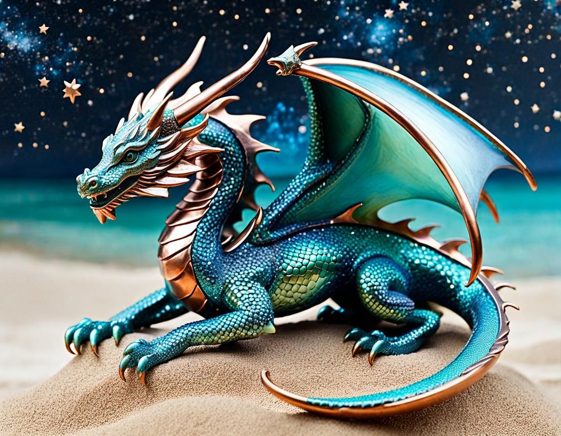 Whimsical Dragon Sculpture under Copper Stars in Surreal Sty...