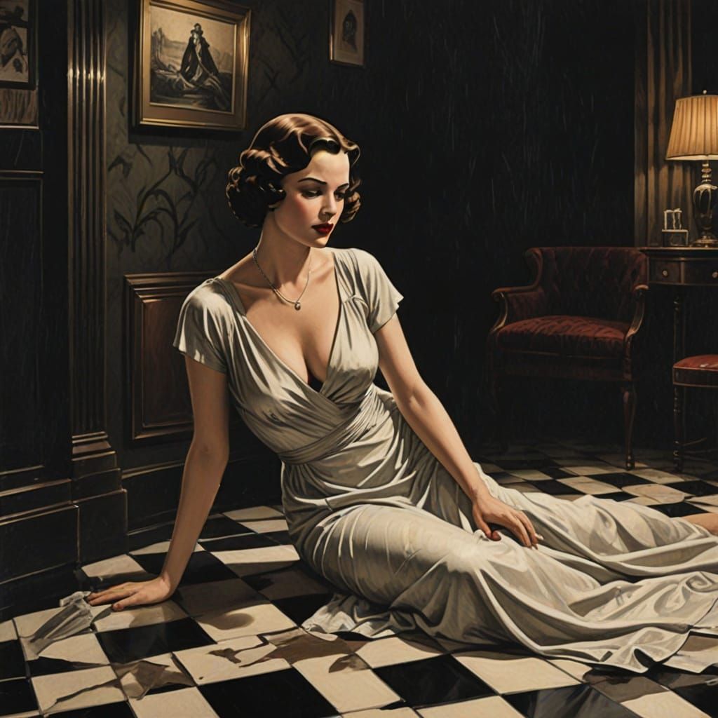 Mysterious Woman in Distressed Art Deco Illustration