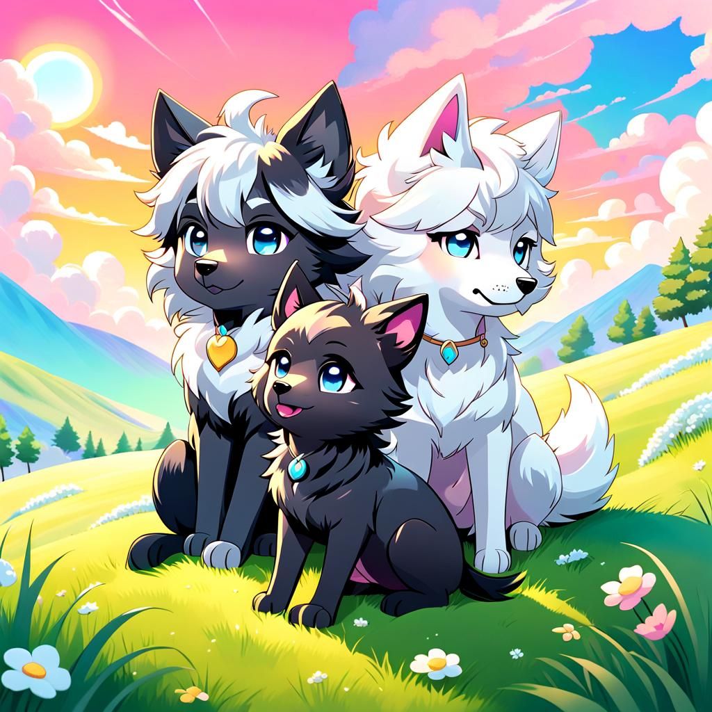 Chibi Dog and Wolf on Grassy Hill in Anime Style