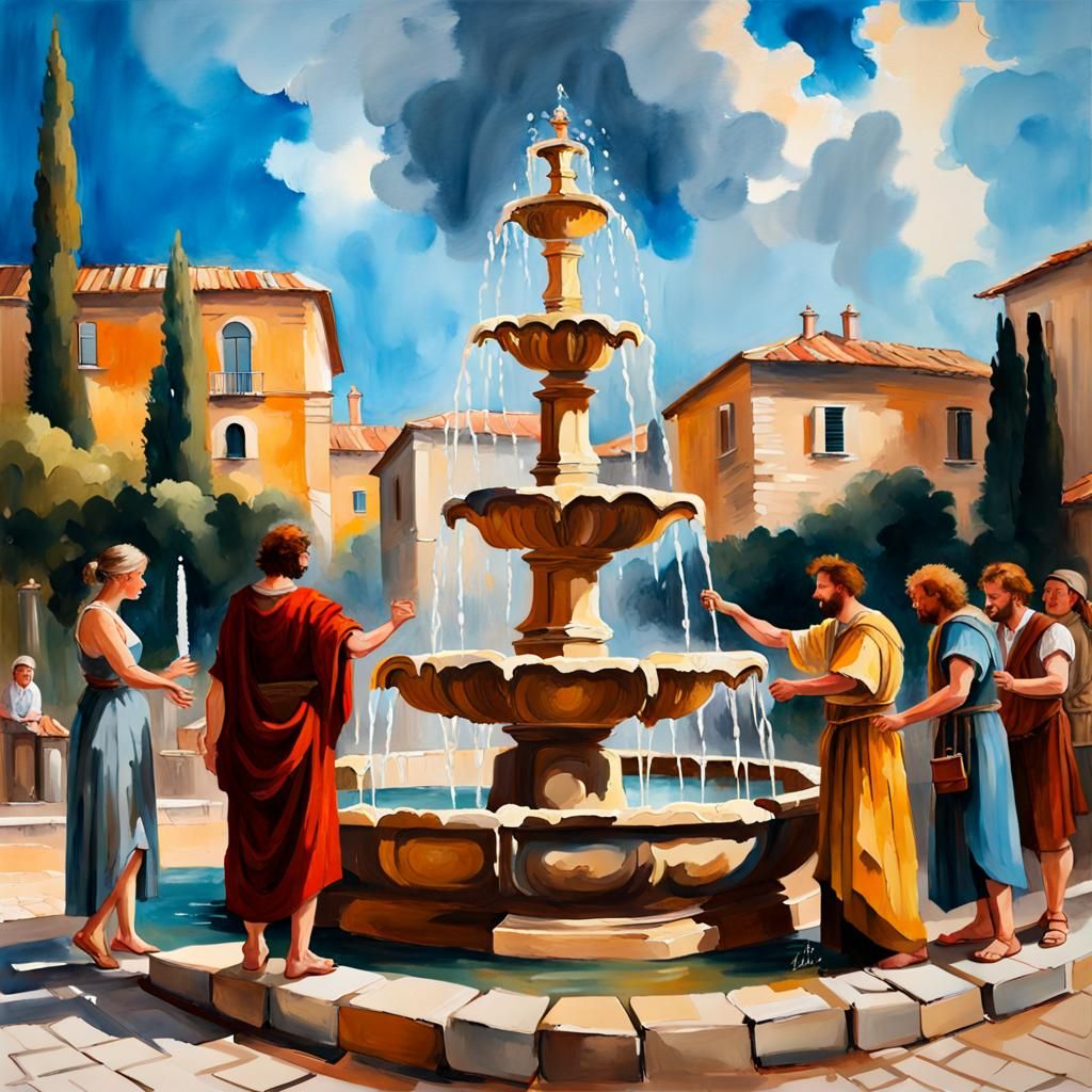 Roman Fountain Painting in Gouache Style