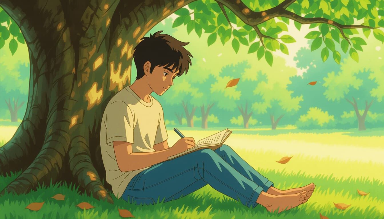 Indian Boy Rewriting Schedule Under Banyan Tree