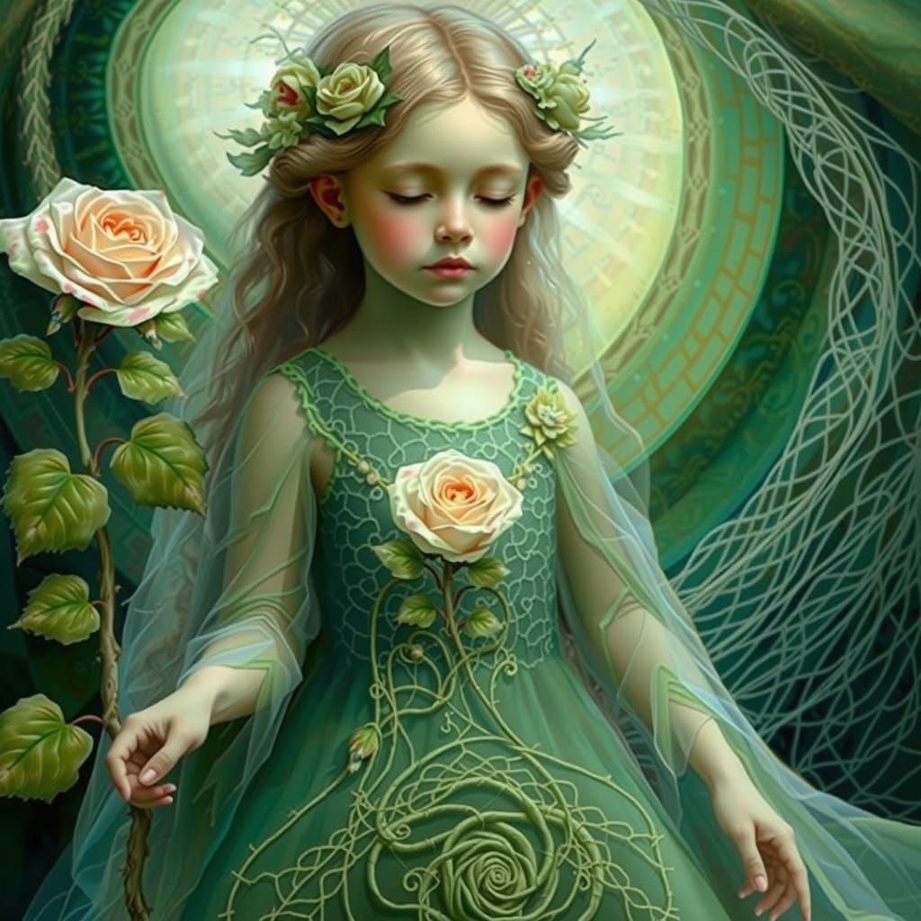 Child Dancer with Giant Rose in Botanical Garden