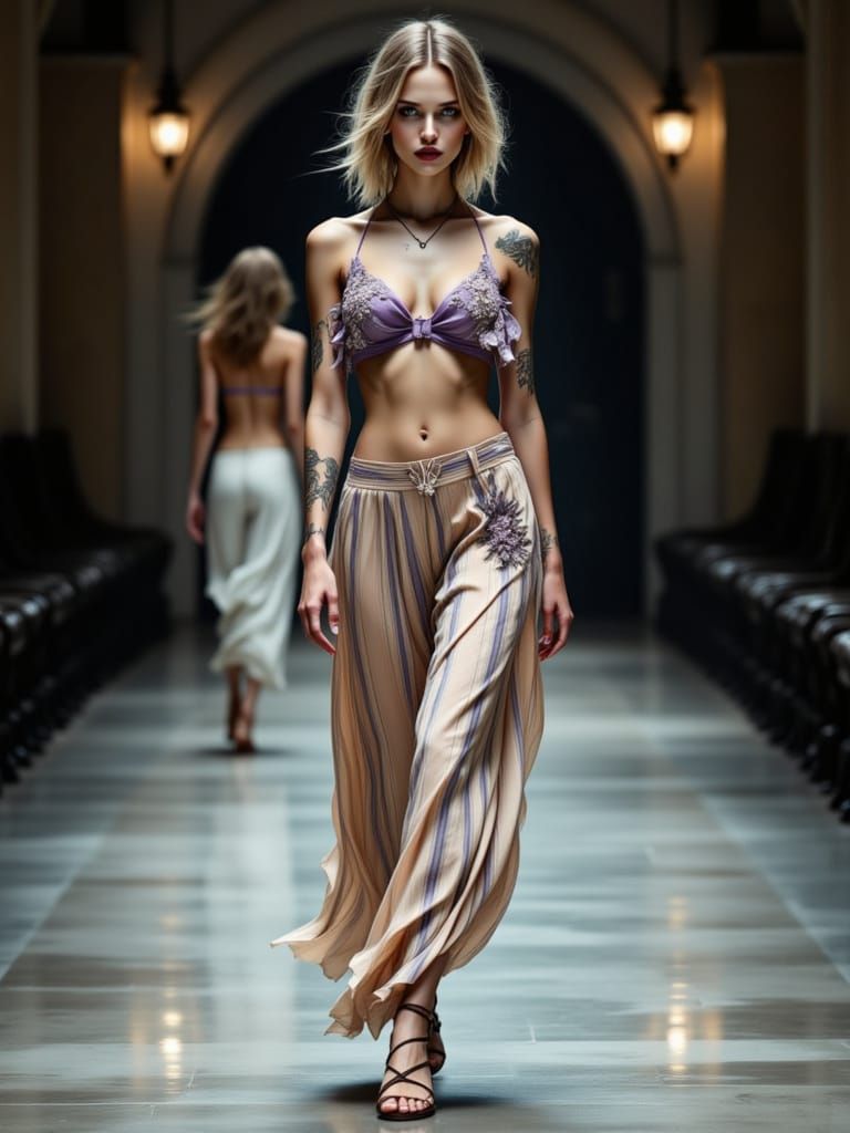 Confident High-Fashion Model Struts Down Moody Runway