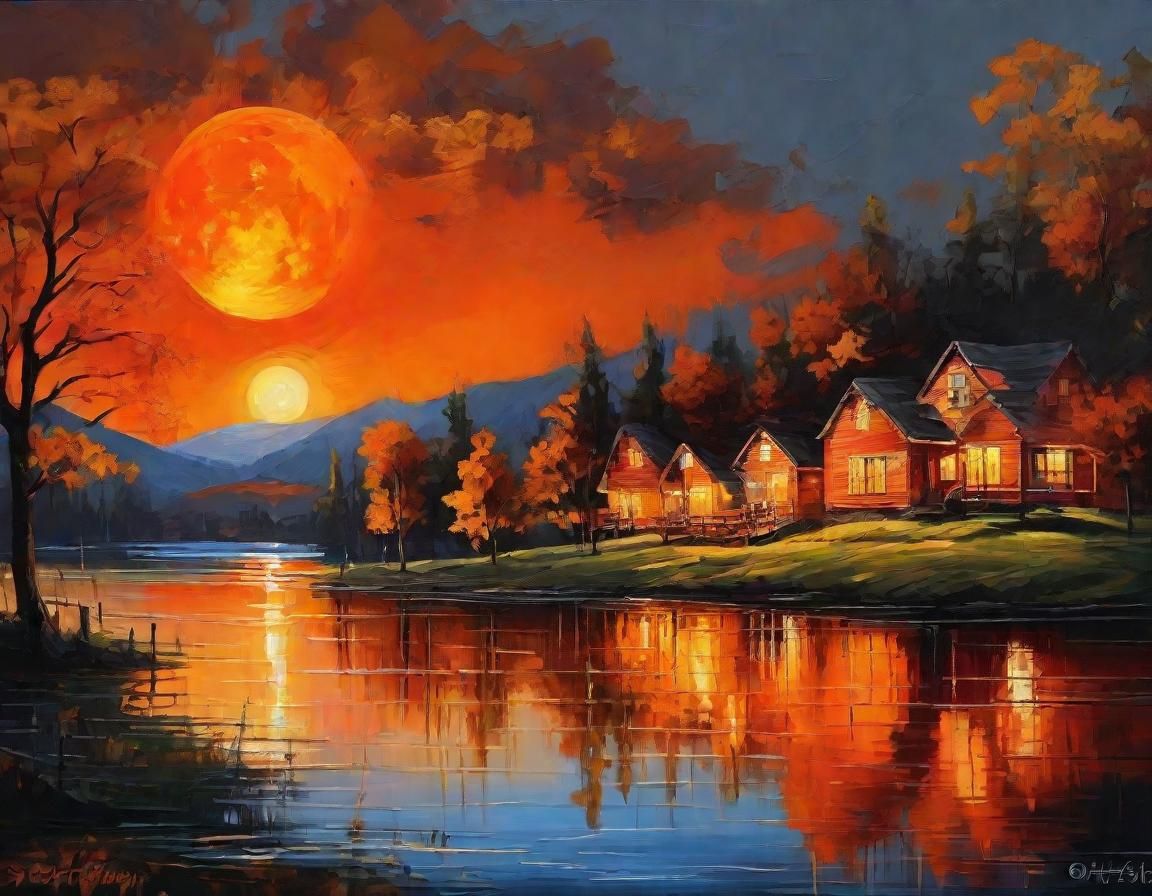 Orange Moon Over Lake Village, Oil Painting