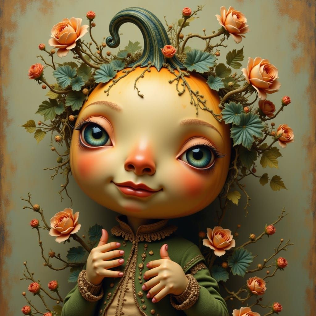Surreal Squash Character in Baroque Vintage Garden Setting