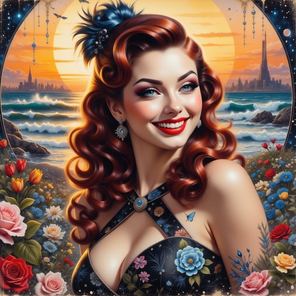 Sultry Pinup Girl in Mixed Media Art