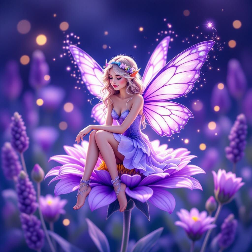 Mystical Fairy on Lavender Blossom, Watercolor Style